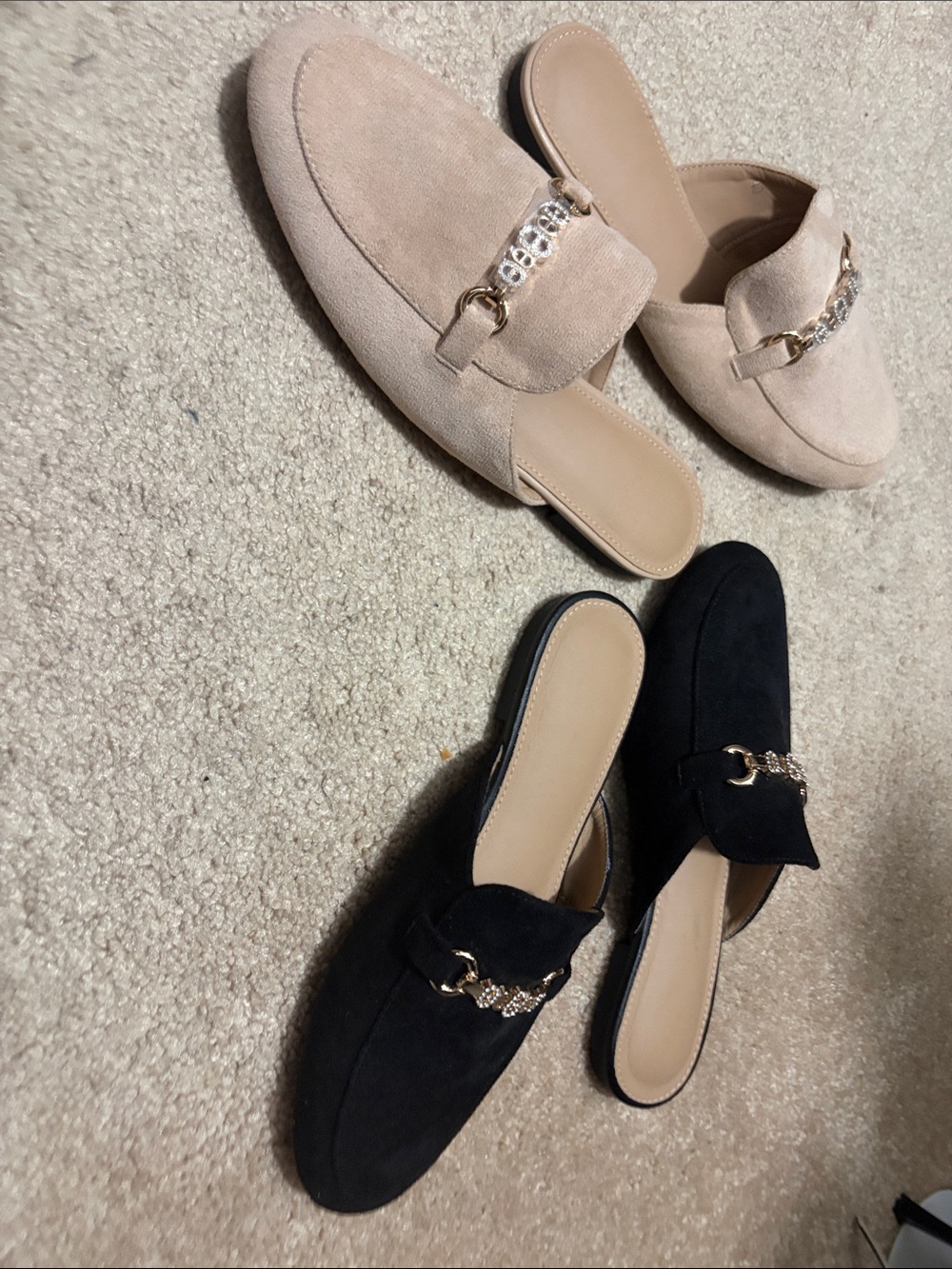 Beige and Black Suede Backless Chain-Accent Mules